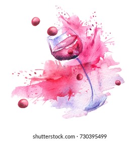    Watercolor drawing. Spilled wine, a fallen glass, a wine glass. Splash paint, a spilled drink, a spray. The illustration is made in watercolor. On white isolated background..