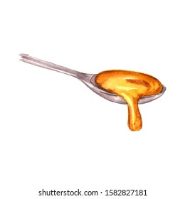 Watercolor Drawing Spoon With Caramel Sauce, Hand Drawn Illustration