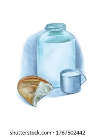 Watercolor Drawing Still Life Of A Bank With Milk Mug And Bread. Nostalgia Of The USSR