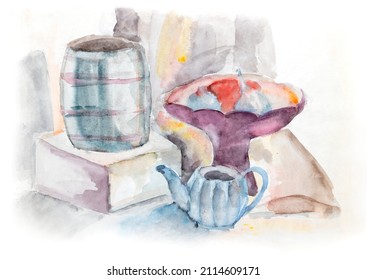 Watercolor Drawing Of A Still Life With Objects With Different Types. A Pattern Of Spots. Teapot, Fruit Bowl, Cube, Barrel, Drapery. On Paper. Painting.