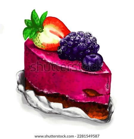 Watercolor and drawing for strawberry and Blueberry grapes cheese cake isolated on white background. dessert and food art. Digital painting of bakery and cake illustration.