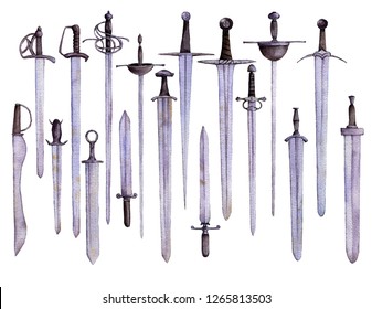 watercolor drawing swords and daggers isolated at white background, hand drawn illustration