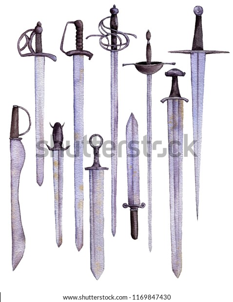 Watercolor Drawing Swords Daggers Isolated White Stock Illustration ...