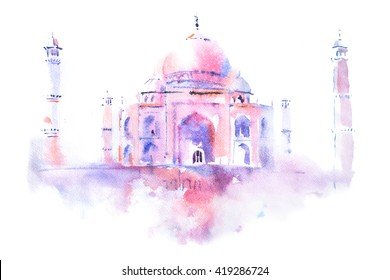 Watercolor Drawing Of Taj Mahal In Agra, India