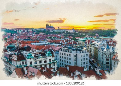 Aquarellzeichnung Top-Panoramablick auf die Altstadt von Prag mit roten Ziegeldächern und Prager Burg, St. Vitus-Kathedrale am Abend, Böhmen, Tschechische Republik