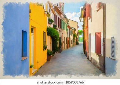 Watercolor Drawing Of Typical Italian Cobblestone Street With Colorful Buildings, Traditional Houses With Green Plants On Walls And Windows In Old Historical City Centre, Emilia-Romagna