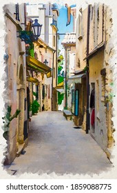 Watercolor Drawing Of Typical Italian Cobblestone Street With Traditional Buildings And Houses With Green Plants On Walls In Old Historical City Centre San Marino