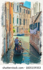 Watercolor Drawing Of Venice: Gondola Sailing Narrow Canal Between Old Buildings With Brick Walls. Gondolier Dressed Traditional White And Blue Striped Short-sleeved Polo Shirt And Boater Hat