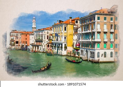 Watercolor drawing of Venice: gondolier on gondola traditional boat sailing on water of Grand Canal waterway with Venetian architecture typical colorful buildings and bell tower background