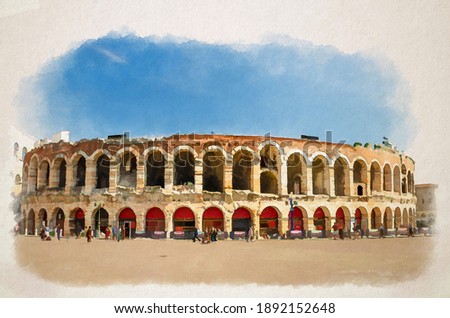 Watercolor drawing of Verona Arena in Piazza Bra square. Roman amphitheatre Arena di Verona ancient building, sunny day, blue sky background, copy space, Verona city historical centre