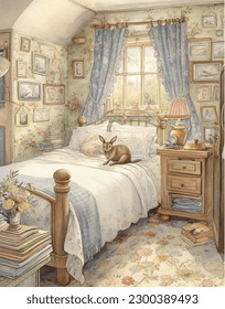Watercolor drawing vintage bedroom  bed in pastel colors