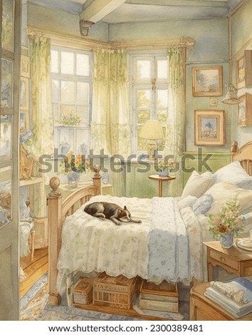 Watercolor drawing of a vintage bedroom, bed in pastel colors