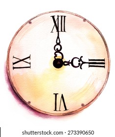 A Watercolor Drawing Of A Vintage Clock On White Background