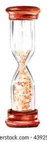 A watercolor drawing of a vintage hourglass, hand painted on white; the concept of time