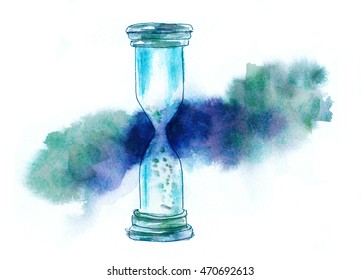 A watercolor drawing of a vintage hourglass, with a paint stain in the background for copyspace, hand painted on white; the concept of time