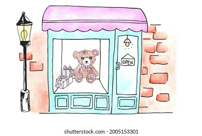 Watercolor Drawing Vintage Toy Store With Lamppost