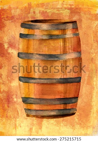 A watercolor drawing of a wine barrel on a golden artistic background