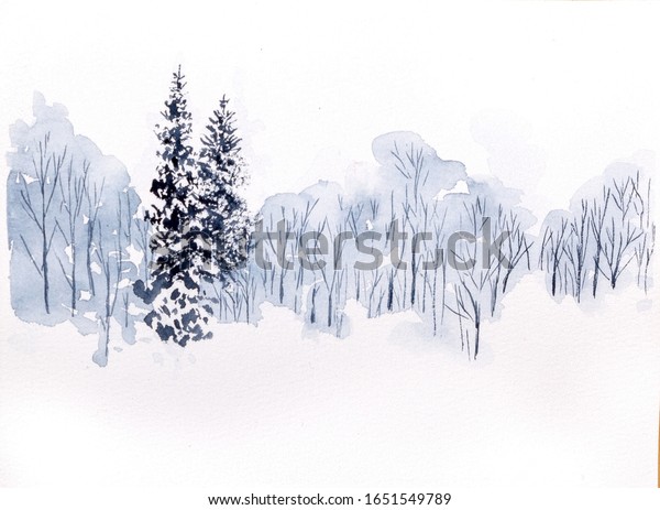 Watercolor Drawing Winter Forest Background Stock Illustration