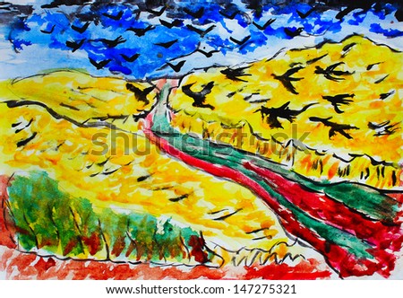 watercolor drawing of a yellow field with a blue sky and crows black birds, painting in the style of Van Gogh