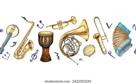 Watercolor drawn musical instruments isolated on white background. Seamless border for a music project. Hand drawn accordion, banjo, drums and horn. Trumpet painted. Design element for print - Powered by Shutterstock