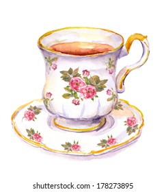 Watercolor Drawn Traditional English Teacup And Saucer With Floral Design (rose Flower)