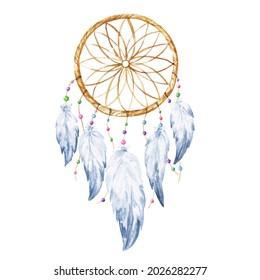 Watercolor Dreamcatcher With Feathers On White Background. Watercolour Boho Style Illustration.	