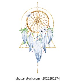 Watercolor Dreamcatcher With Geometric Ornament On White Background. Watercolour Boho Style Illustration.	