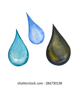 Watercolor Drops Set. Design Elements. Drop Of Oil Or Black Water. Raster Version