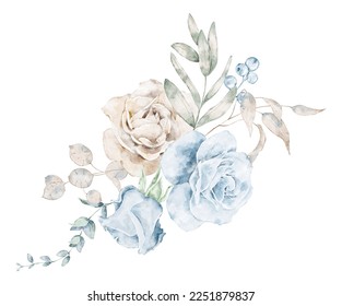 Watercolor dusty navy blue and beige floral bouquet, winter blossom flower gentle clip art, perfect for wedding invitation, baby shower, save the date, bridal shower party celebration - Powered by Shutterstock