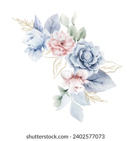 Watercolor dusty navy blue and pink floral bouquet. Arrangement for wedding, invitations, cards, bridal shower party, decoration, mothers day, birtday. Hand drawn illustration. - Powered by Shutterstock