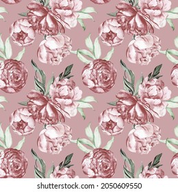 Watercolor dusty pink floral seamless pattern for fabric. Watercolor peonies pattern on pink background repeat floral background for apparel, nursery, wallpaper, wrapping paper, home decor