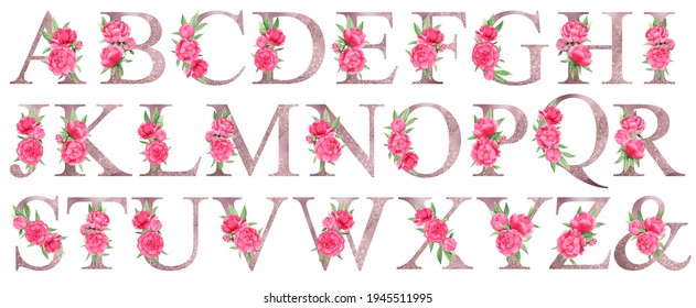 Watercolor dusty rose Gold Floral Alphabet Set with bright pink peonies and green leaves. Glitter pink letters. Wedding invitations, baby shower, sublimation design, birthday, other concept ideas.