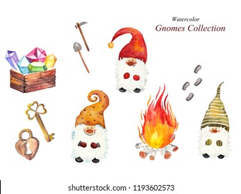 Watercolor dwarf collection: dwarves, fire with birch logs, treasure chest, key, lock, traces and tools