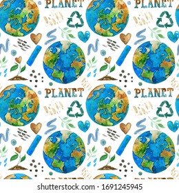 Watercolor Earth Seamless Background. Watercolor Pattern On White. Ecology, Earth Day, Earth Hour Pattern. Textile Design