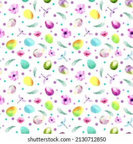 Watercolor Easter background. Spring seamless pattern. Easter painted eggs, flowers, feathers and dragonflys. Hand-painted illustration. Bright colorful drawing on a white background.