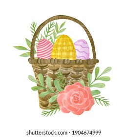 Watercolor Easter Basket Isolated On White Background.