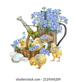 Watercolor Easter Basket With White Egg And Blue Flowers, Baby Chick Bird,vintage Water Can. Spring Easter Postcard Illustration.Farmhouse, Countryside Spring Garden Illustration