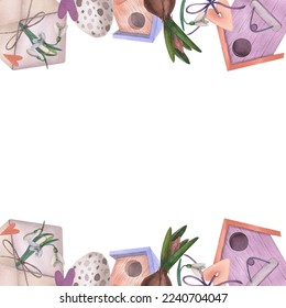 Watercolor Easter border of hyacinth, envelope with snowdrops, eggs, bird houses and colorfu lhearts. Hand drawn illustration isolated on white background. For your design, menu, shop window.