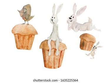 Watercolor easter bunnies collection of artworks. The rabbit is lying, Easter cake, bird sits on the Easter cake. Ideas for print, greeting card, easter card, poster. Ideas for decorating souvenirs.