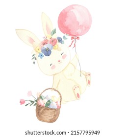 Watercolor Easter  bunny on balloon,  illustration for kids