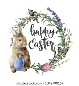 Watercolor easter card with bunny, butterfly and lettering. Hand painted border with egg, lavender, willow, tulip, tree branch with leaves isolated on white background. For design, print, background