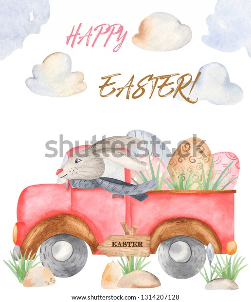 Watercolor Easter card with\
truck. Illustration for invitation, greeting card, greetings,\
easter\
design.