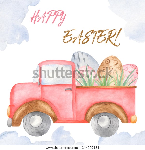 Watercolor Easter card with\
truck. Illustration for invitation, greeting card, greetings,\
easter\
design.