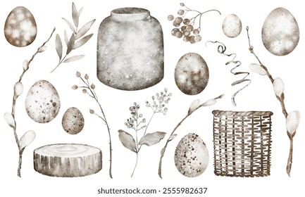 Watercolor Easter clipart collection. Hand-drawn set of floral and botanical elements with spring flowers, greenery, and eggs. Perfect for postcards, wedding invitations, or natural-themed decor. - Powered by Shutterstock