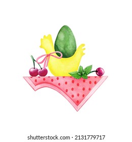 Watercolor Easter Composition. An Egg In A Chicken Stand, Cherries On A Polka Dot Tablecloth. Hand Drawn Illustration Isolated On White Background.