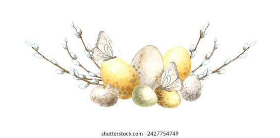 Watercolor Easter composition with willow, eggs and butterfly. Easter holiday illustration hand drawn. Sketch on isolated background for greeting cards, invitations, happy holidays, posters.