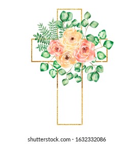 Watercolor Easter Cross Clipart, Spring Floral Arrangements, Baptism Crosses DIY Invitation, Greenery Easter clipart, Golden frame and peony flowers, Holy Spirit, Religious, hand drawn