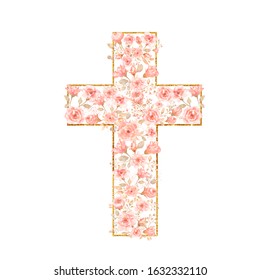 Watercolor Easter Cross Clipart, Spring Coral Floral Arrangements, Baptism Crosses DIY Invitation, Greenery Easter clipart, Holy Spirit. GOLDEN frame and pink peony. Modern set.Hand painted.