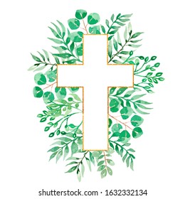 Watercolor Easter Cross Clipart, Spring Floral Arrangements, Baptism Crosses DIY Invitation, Greenery Easter clipart, Golden frame and foliage, Holy Spirit, Religious, hand drawn