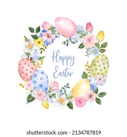 Watercolor Easter egg wreath illustration. Spring floral frame Holiday decor with hand drawn pastel colored egg, flowers, greenery, foliage, isolated on white background.